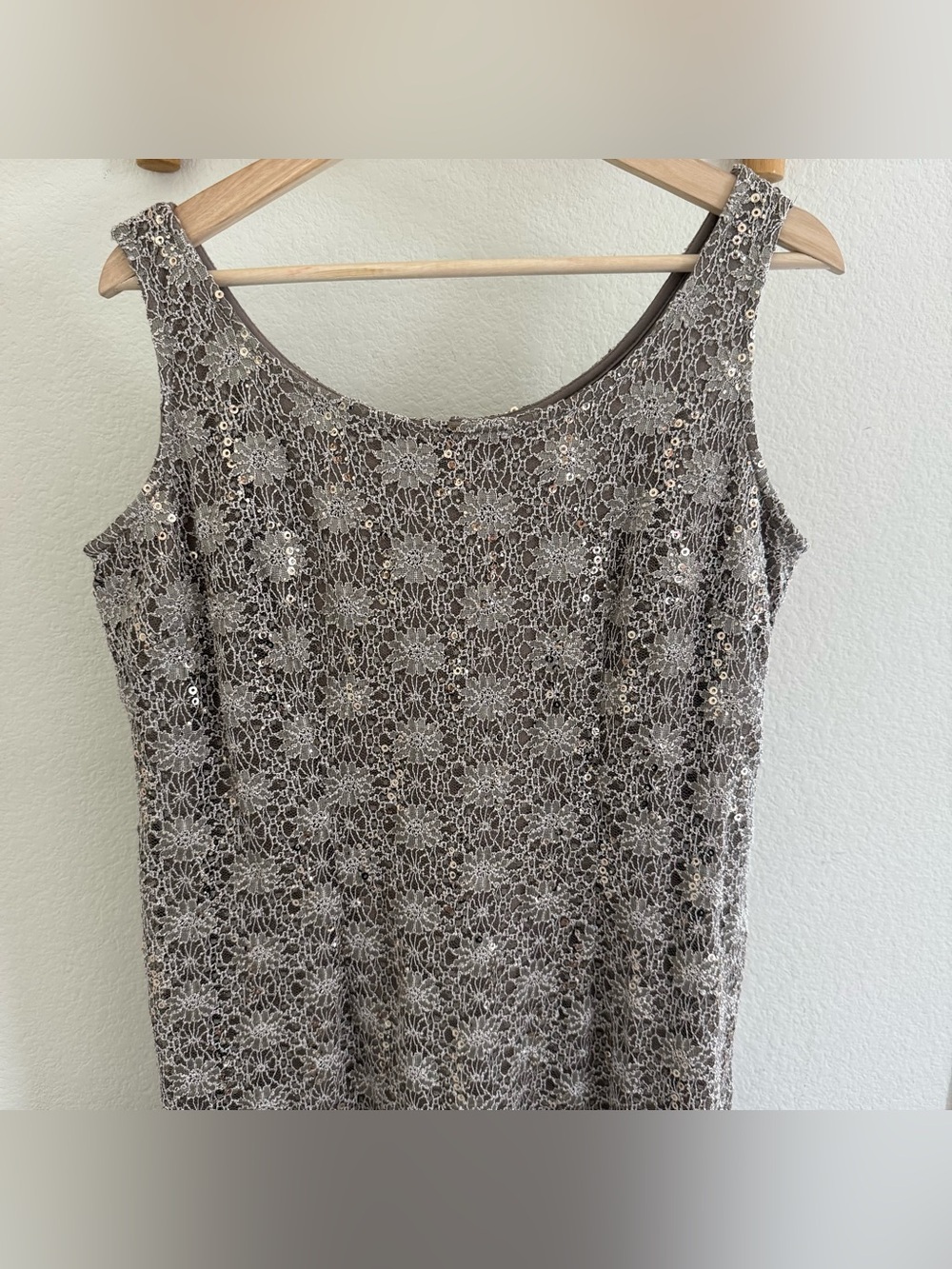 Formal evening 90s champagne tan sequin floral lace overlay maxi dress gown